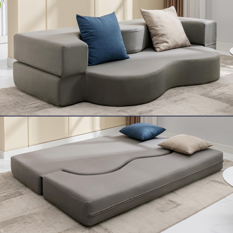 Floor Sofa Bed Curved Interlocking Silhouette in Folding Leathaire