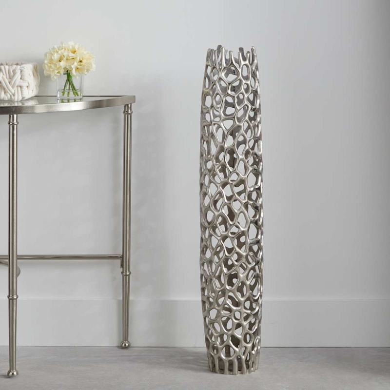 Floor Vase: Silver Coral Texture Open Work Floor Decor