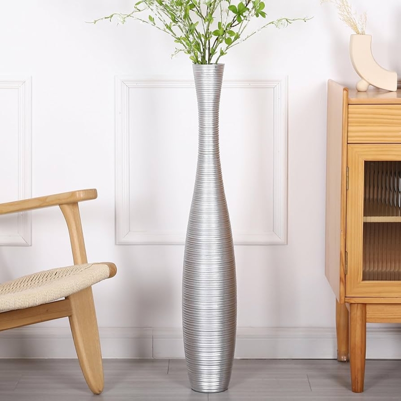 Floor Vase: Silver Ribbed Metallic Decor 34 Inch Tall