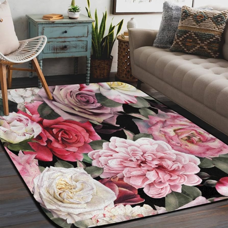 Floral Area Rug, Maximalist Photorealistic Rose, Charcoal Background