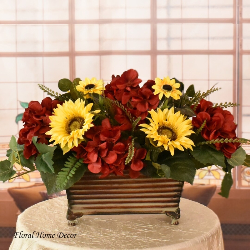Floral Arrangement, Corrugated Metal Planter, Footed Base, Sunflower Blooms