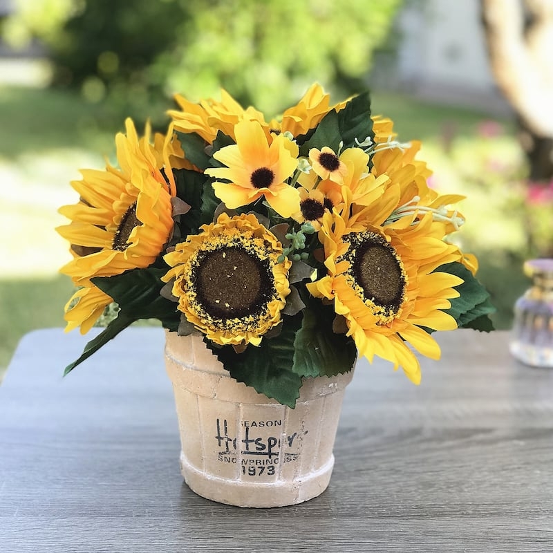 Floral Arrangement in Barrel Pot Base, Distressed Vintage Text, Mixed Blooms