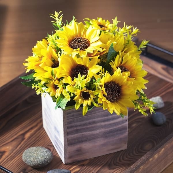 Floral Arrangement in Square Wooden Box with Weathered Finish, Mixed Blooms