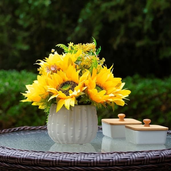 Floral Arrangement in Textured Ceramic Pot, Wooden Lid Accents, Silk Petals