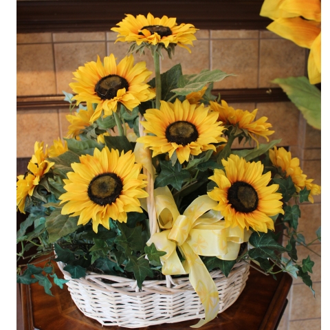 Floral Arrangement in Whitewashed Wicker Basket, Trailing Ivy, Large Bow