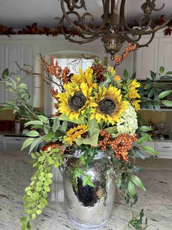 Floral Arrangement, Mercury Glass Vase, Sunflower Focal Point, Berry Clusters