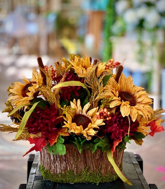 Floral Arrangement on Bark Textured Base, Wheat Stalks, Maple Leaves, Seasonal