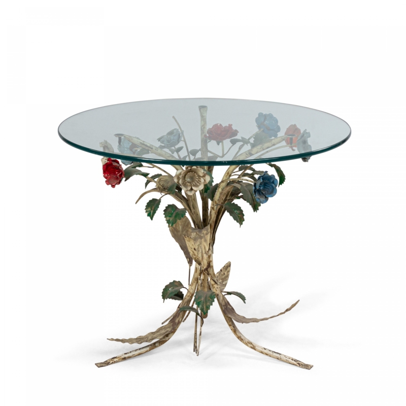 Floral Base Coffee Table Round Glass Sculptural Painted Metal Botanical