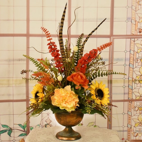 Floral Centerpiece, Copper Pedestal Bowl, Pheasant Feathers, Autumnal Palette