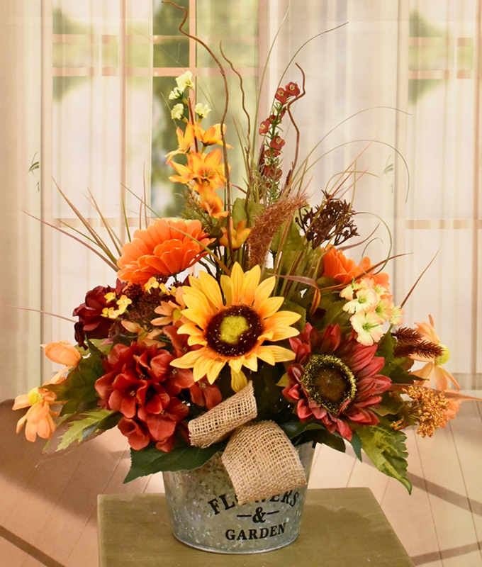 Floral Centerpiece in Galvanized Metal Bucket, Burlap Bow, Autumn Wildflowers
