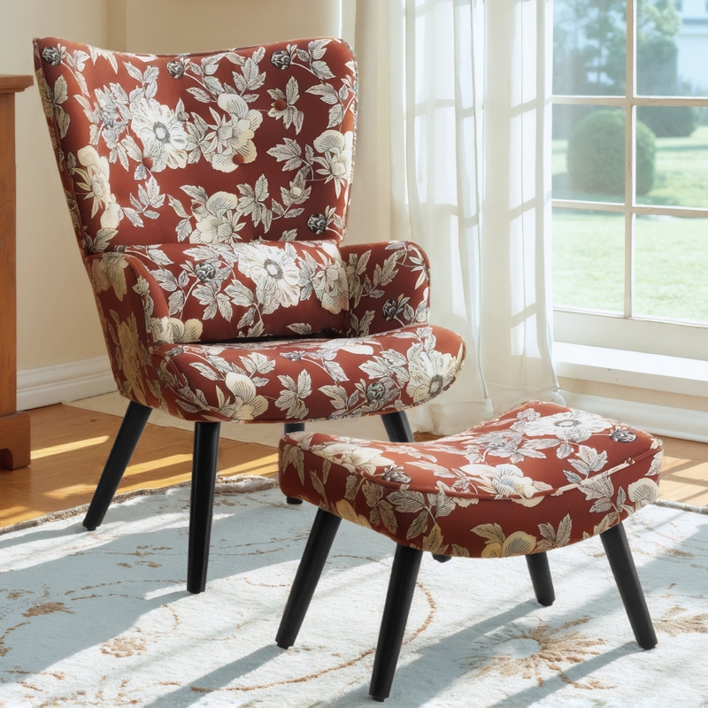 Floral Wingback Chair and Ottoman Set with Burnt Orange Base