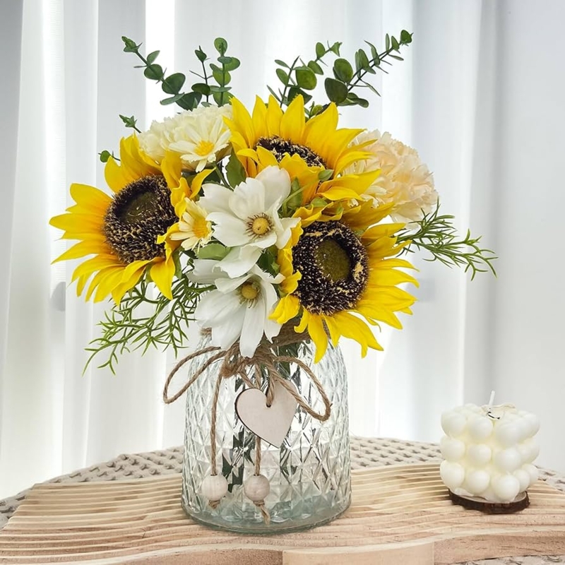 Flower Arrangement in Quilted Glass Vase with Wooden Heart Tag, Bubble Candle