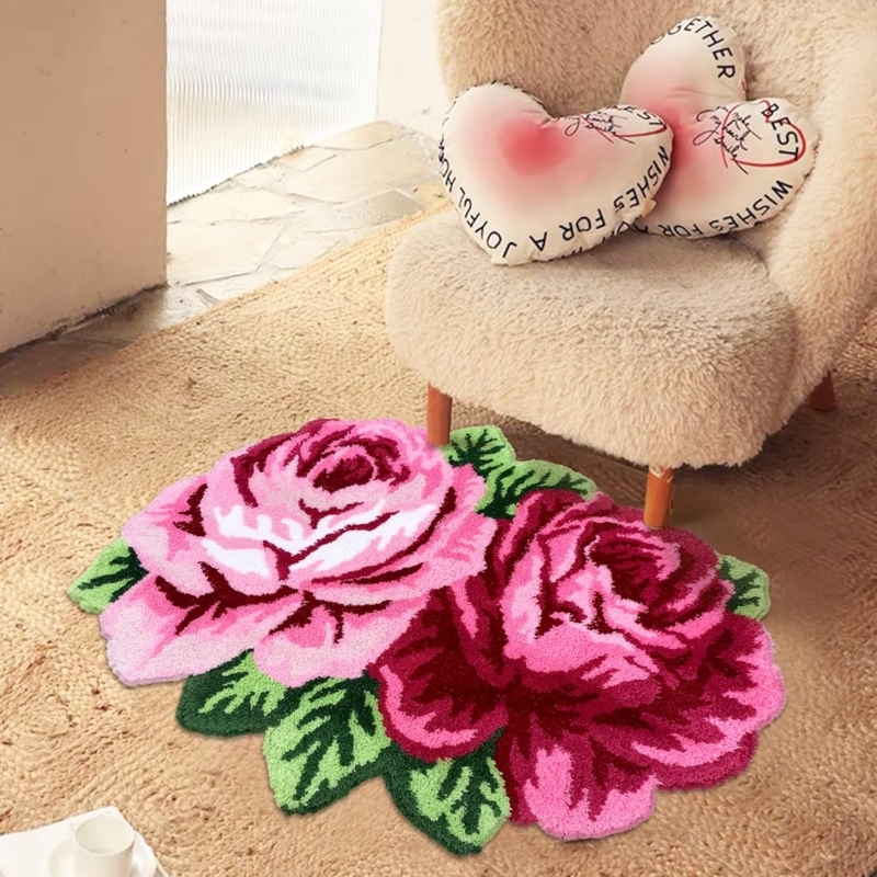 Flower Rug, Rose Shaped Silhouette, Plush Yarn, Vibrant Pink Gradient