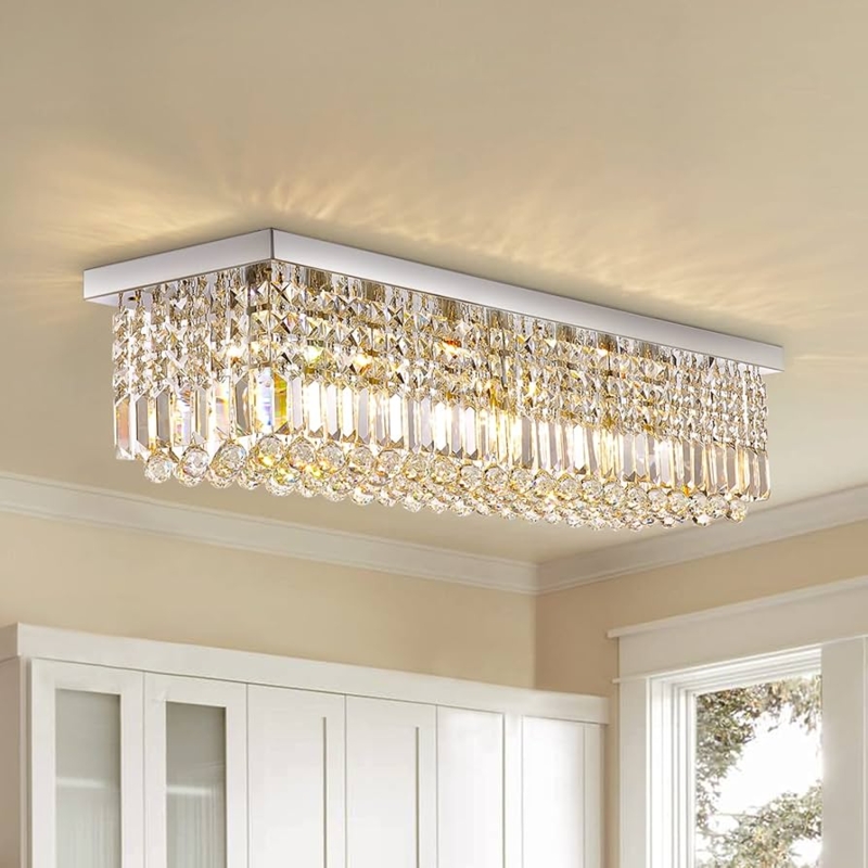 Flush Mount Chandelier, Baguette Prisms, Tiered Silver Crystal Fixture