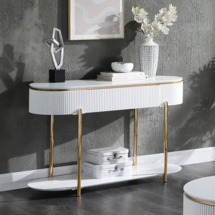 Fluted Console Table with Pill Shaped Top and Gold Trim Accents