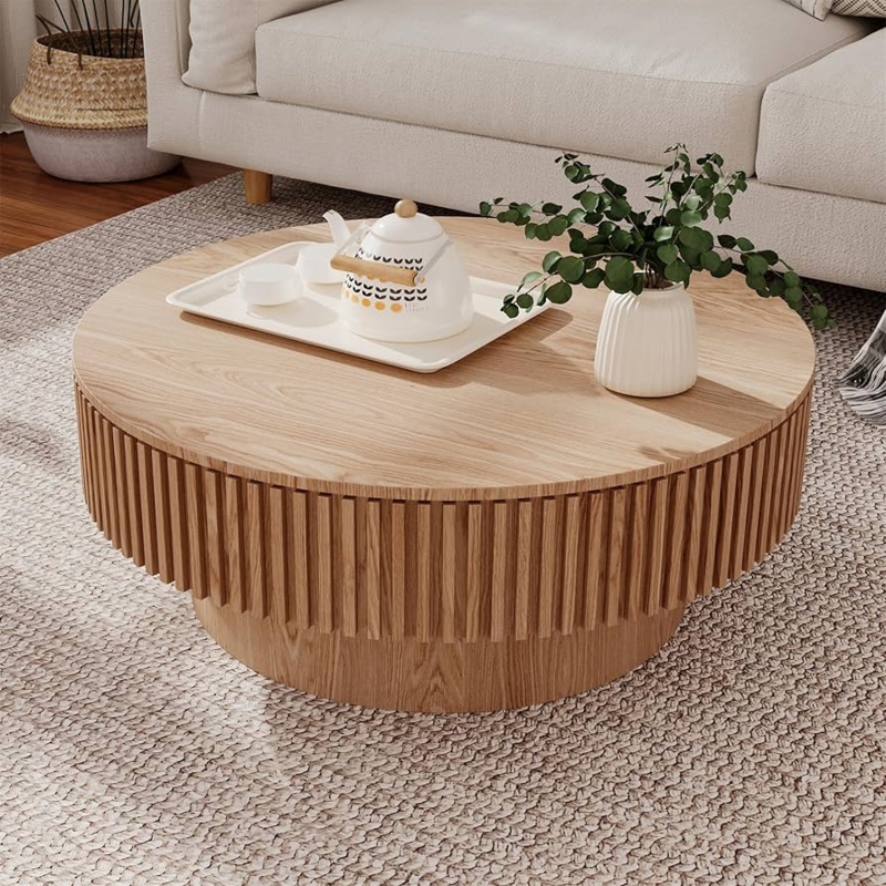 Fluted Drum Coffee Table with Recessed Plinth Base