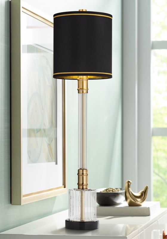 Fluted Glass Buffet Lamp with Black & Gold Trim Drum Shade (62 chars)