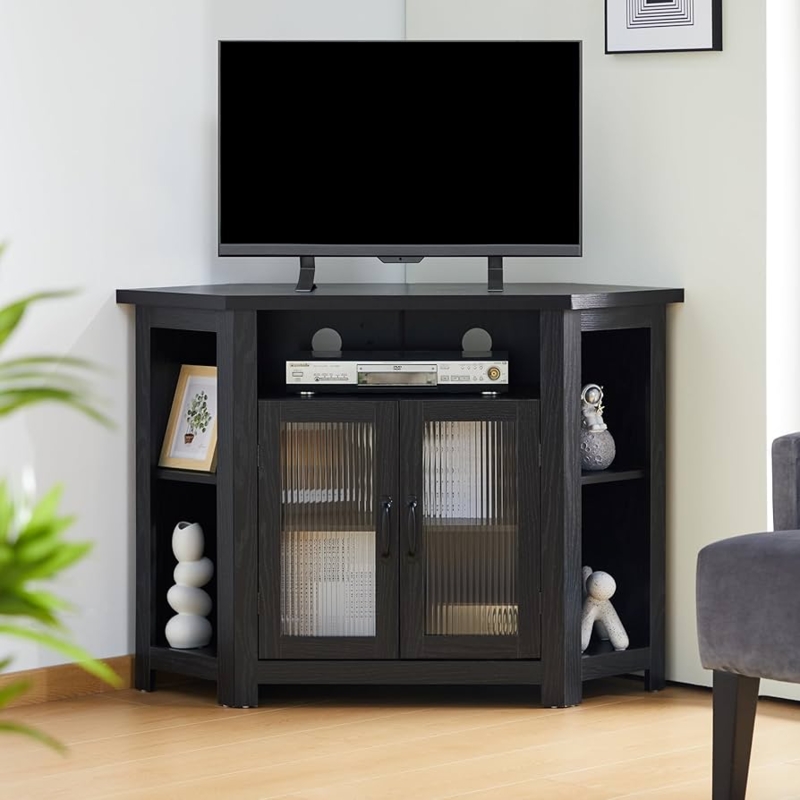 Fluted Glass TV Stand: Modern Charcoal Black Corner Media Console