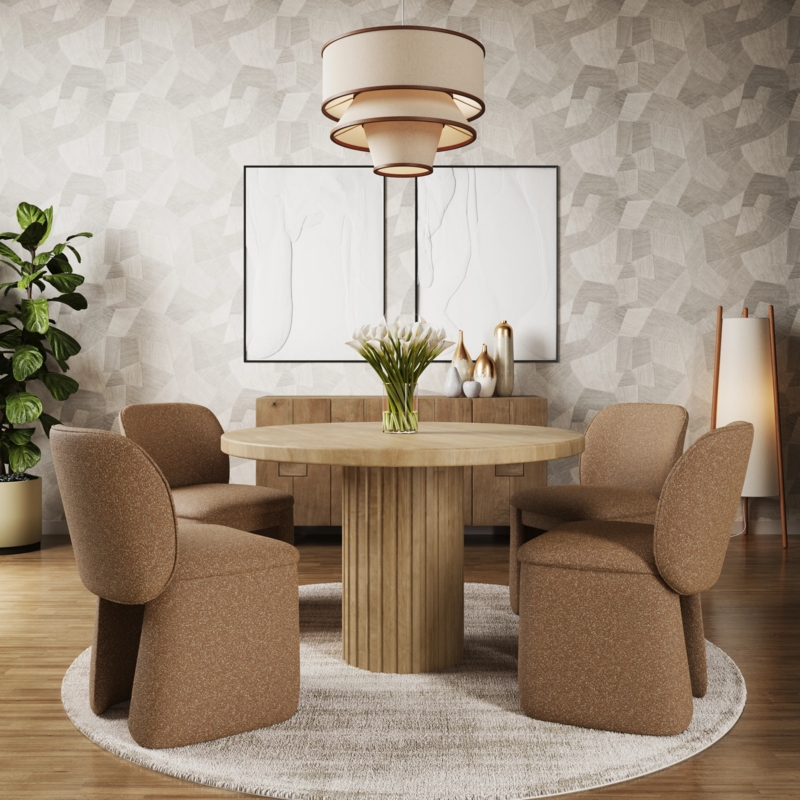 Fluted Pedestal Dining Table Warm Oak with Sculptural Upholstered Chairs