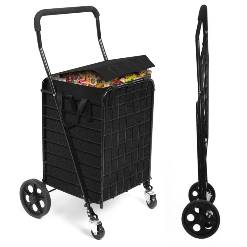 Foldable Grocery Cart with Removable Liner and Large Rear Wheels