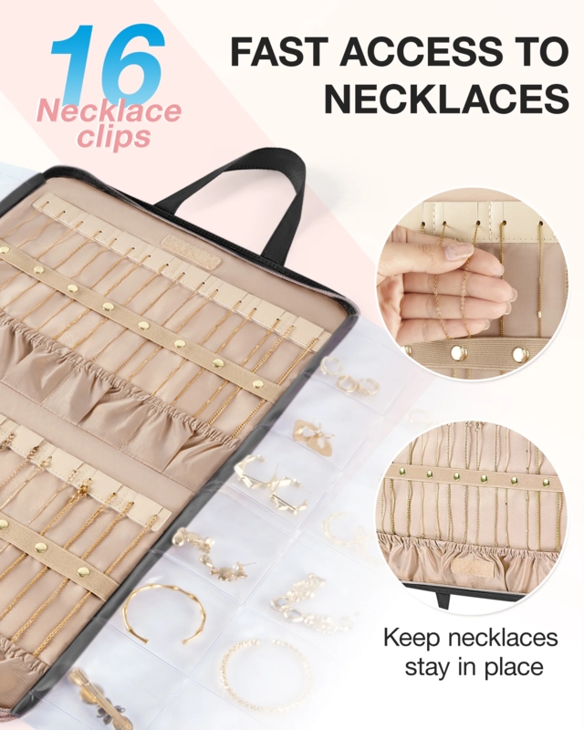 Foldable Hanging Jewelry Organizer with 16 Necklace Clips & Clear Pockets