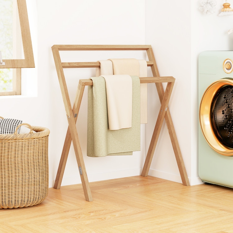 Foldable Teak Towel Rack with X-Frame Base for Laundry Rooms