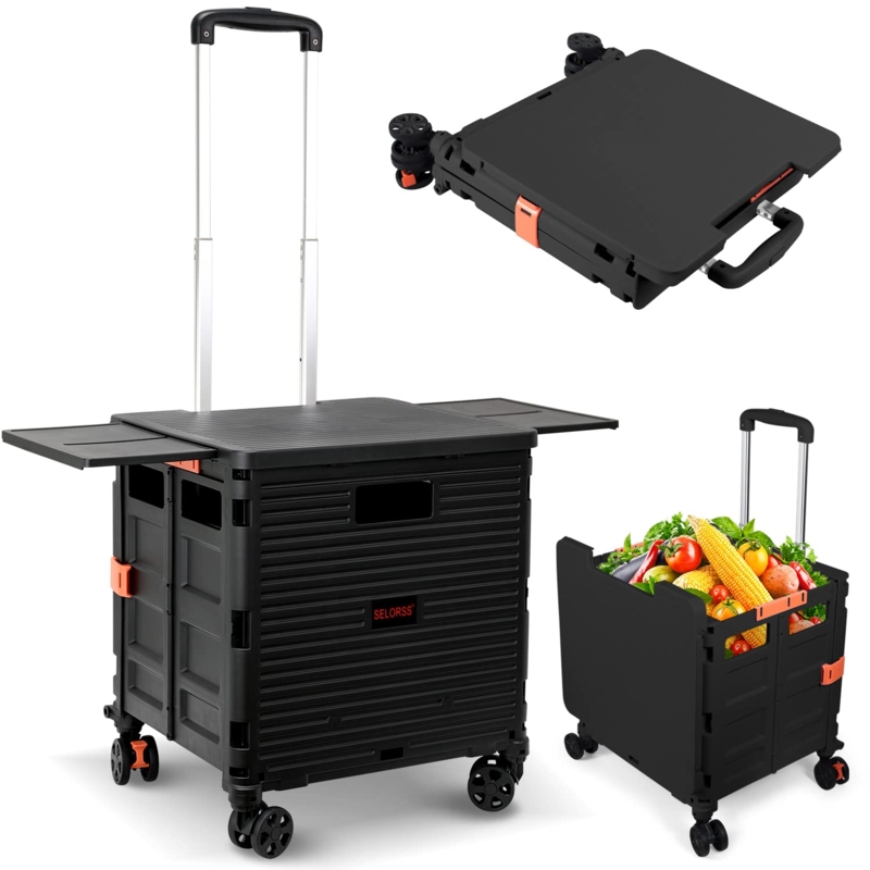 Foldable Utility Cart with Telescopic Handle and Orange Accents