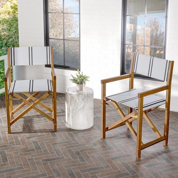 Folding Acacia Director's Chair featuring Black Striped Canvas Seat
