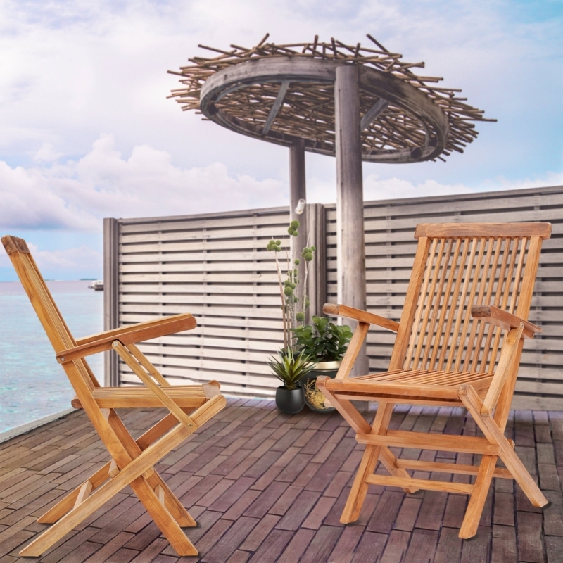 Folding Arm Chair Nautical Teak Slatted, Coastal Outdoor Arm Chair Set