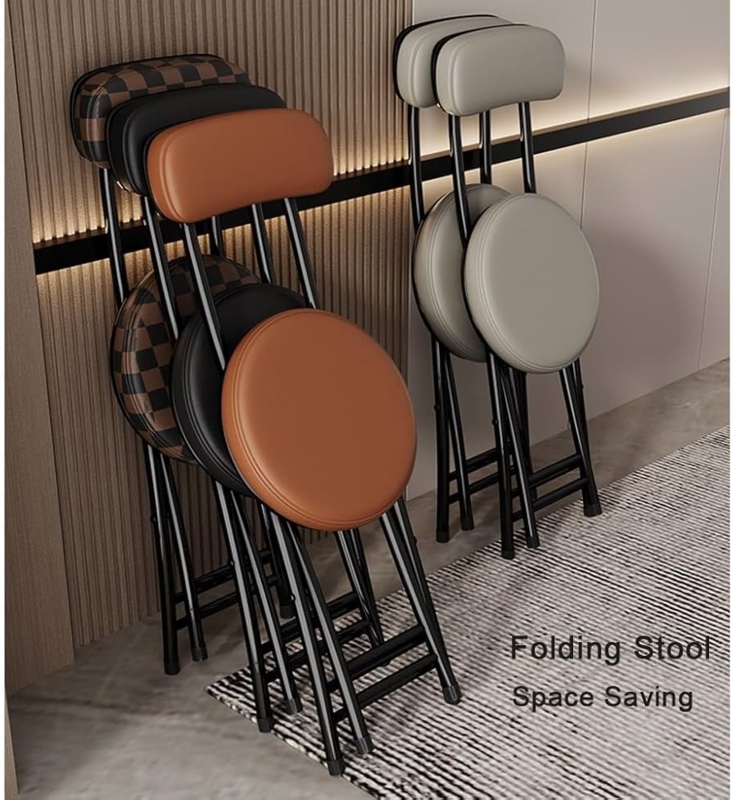 Folding Bar Stool, Round Padded Seat, Matte Black Frame, Compact Design