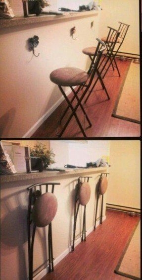 Folding Bar Stool with Wall Mounted Hooks for Breakfast Bar Storage