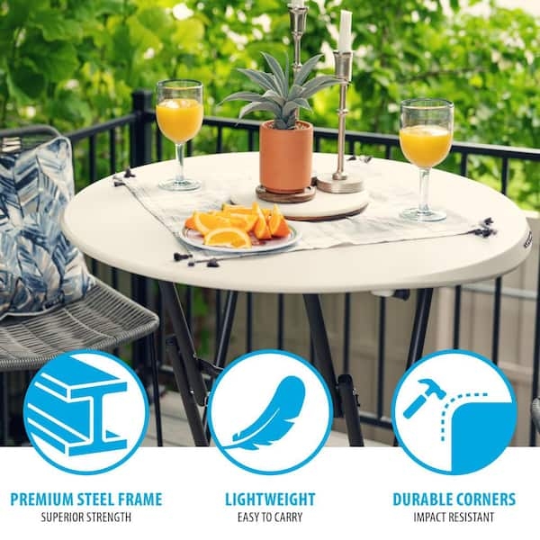 Folding Bistro Table, Almond Plastic Top with Steel X-Frame Legs