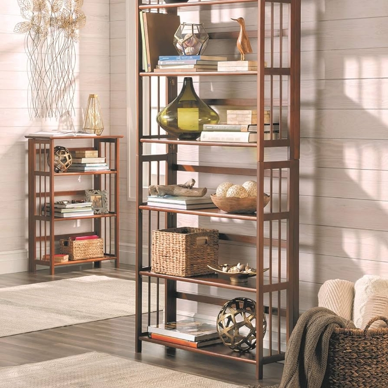 Folding Bookcase Chestnut Brown, Stackable Design, Slatted Sides