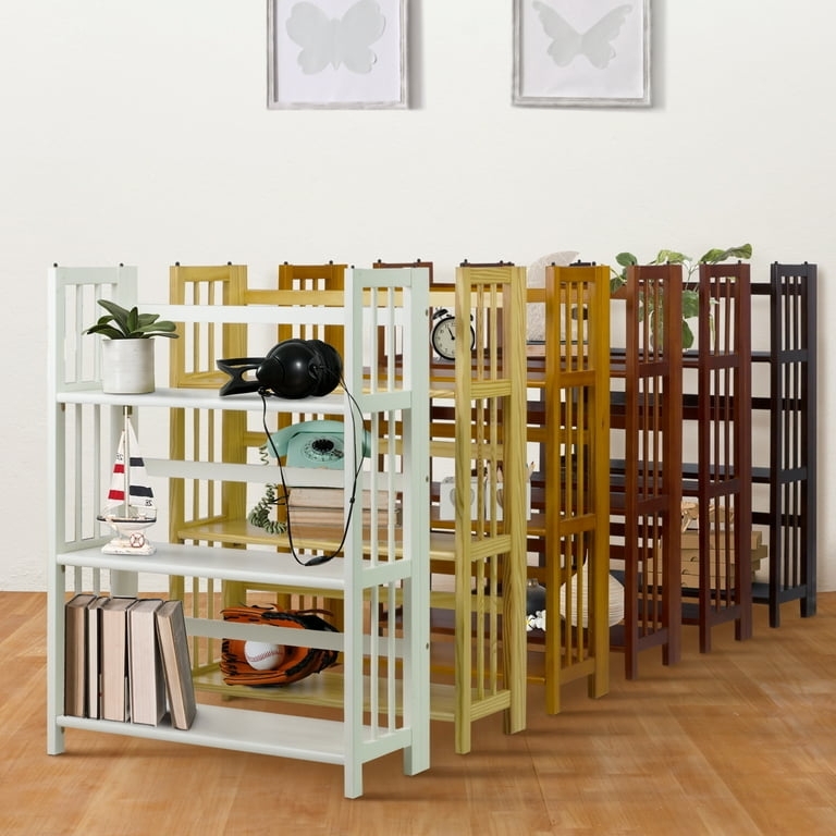 Folding Bookcase Mahogany Brown with Stackable Pins, Slatted Sides