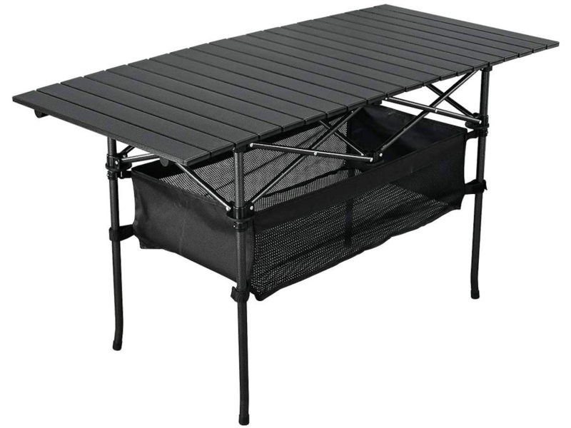Folding Camping Table with Roll-Up Aluminum Top and Mesh Storage