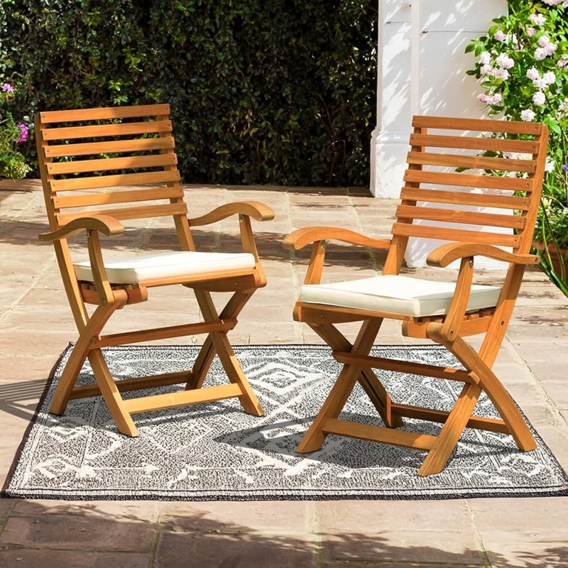 Folding Chair Acacia Wood with Curved Arms and Cushions
