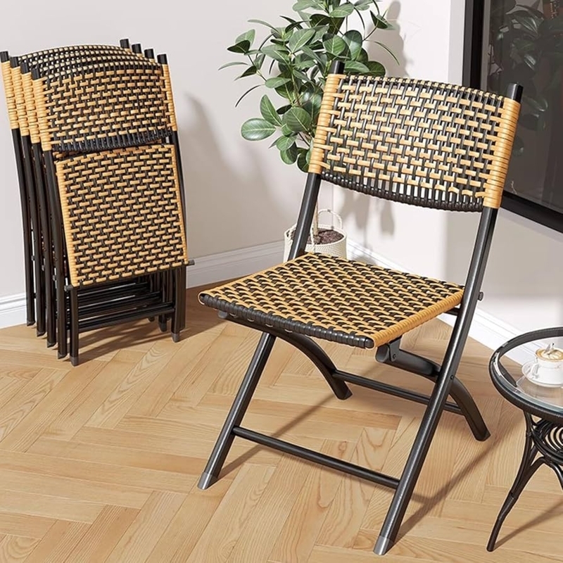 Folding Chair, Bicolor Rattan Weave, Modern Metal Frame