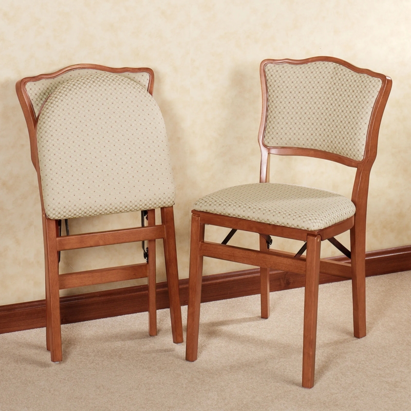 Folding Chair Cherry Wood Finish Lattice Pattern Fabric Curved Top Rail
