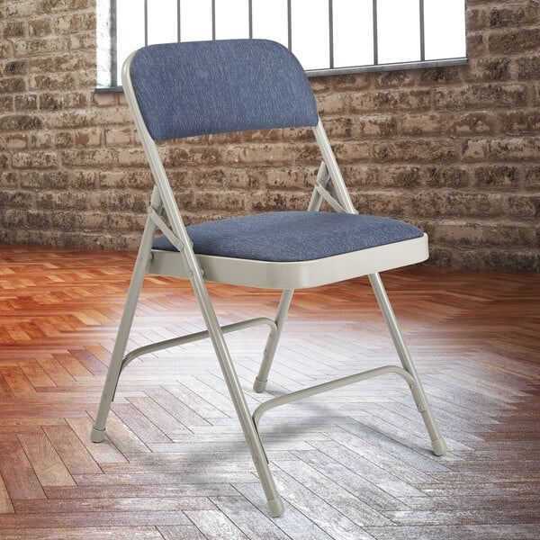 Folding Chair Gray Metal Frame Imperial Blue Padded Fabric Backrest