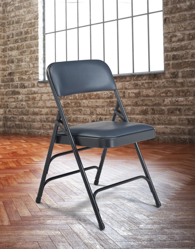 Folding Chair Industrial Style Triple Brace Charcoal Vinyl Upholstery