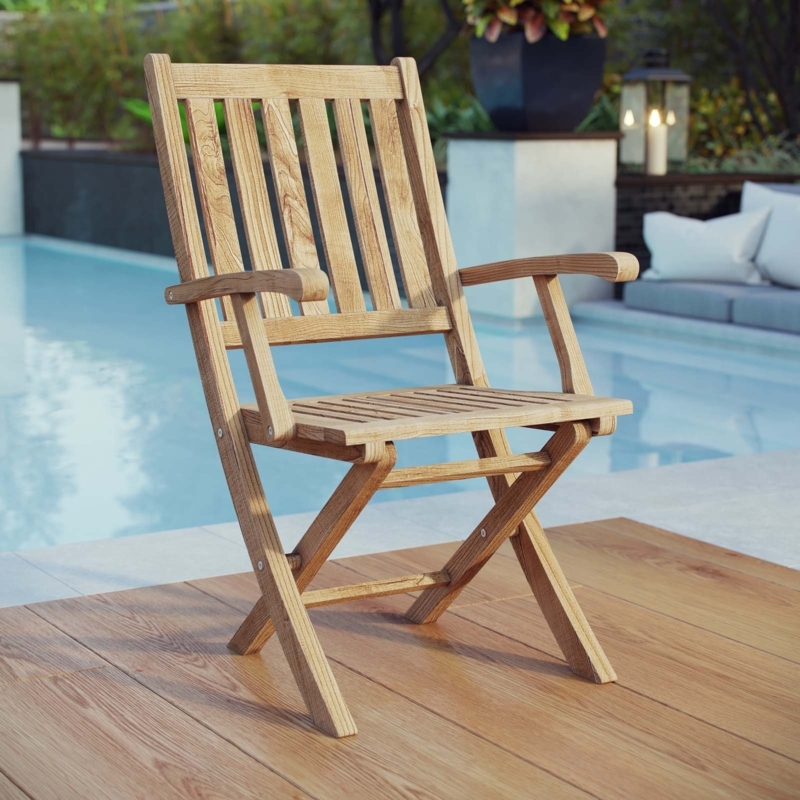 Folding Chair Integrated Armrests Teak, Slatted Outdoor Seating