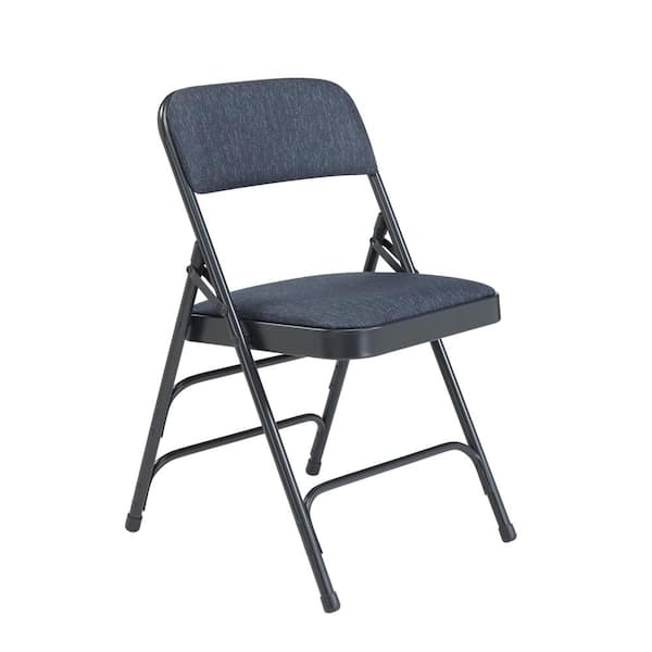 Folding Chair Matte Black Metal Frame Navy Blue Padded Fabric Seat