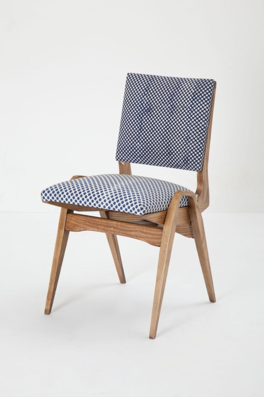 Folding Chair Navy Blue Polka Dot Pattern Angled Wood Frame Mid-Century