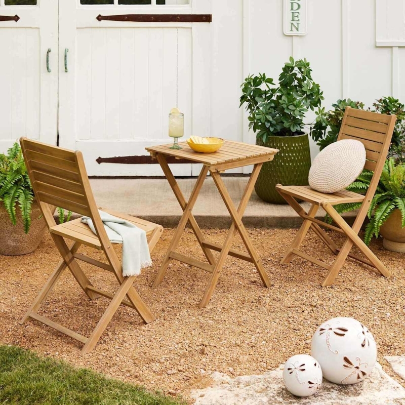Folding Chair Set Coastal Bistro Style Honey Wood Slatted