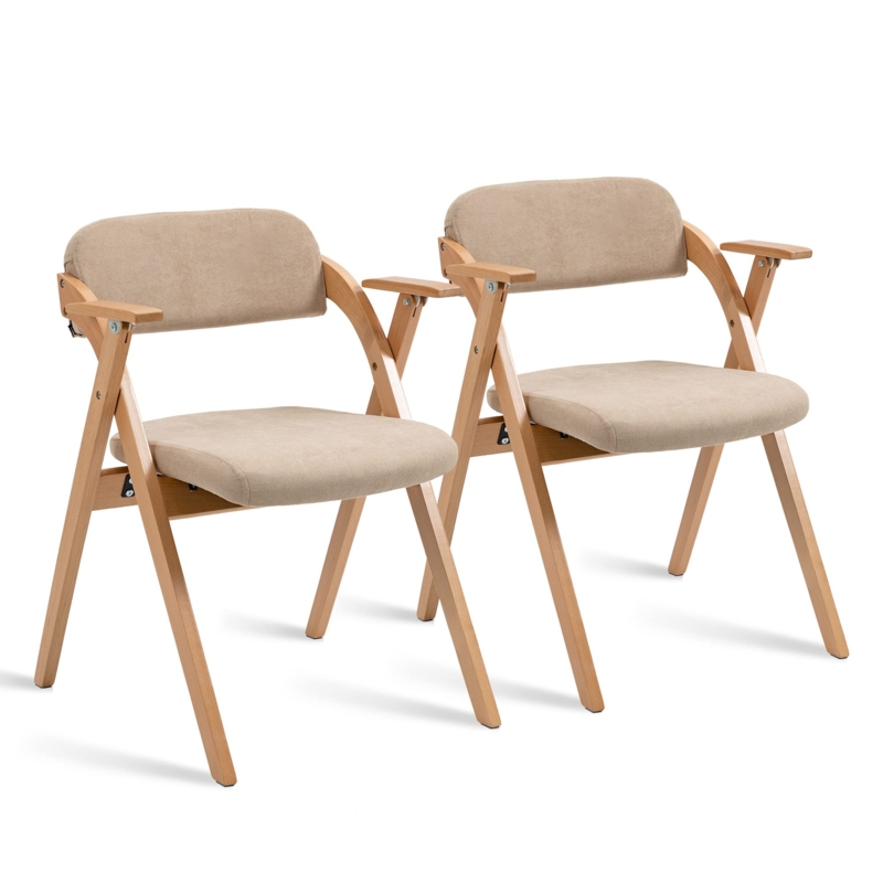 Folding Chair Wood Frame with Integrated Armrests Khaki Padded Seat