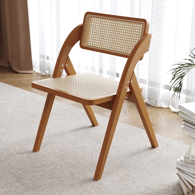 Folding Dining Chair, Japandi Walnut Wood Rattan Cane