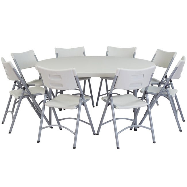 Folding Dining Set, 60 Inch Round Off-White Table with 8 Chairs