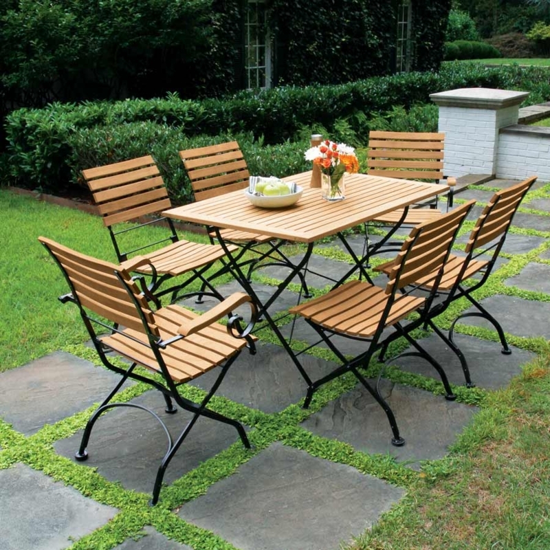 Folding Dining Table with Slatted Teak Top and Black Metal Base