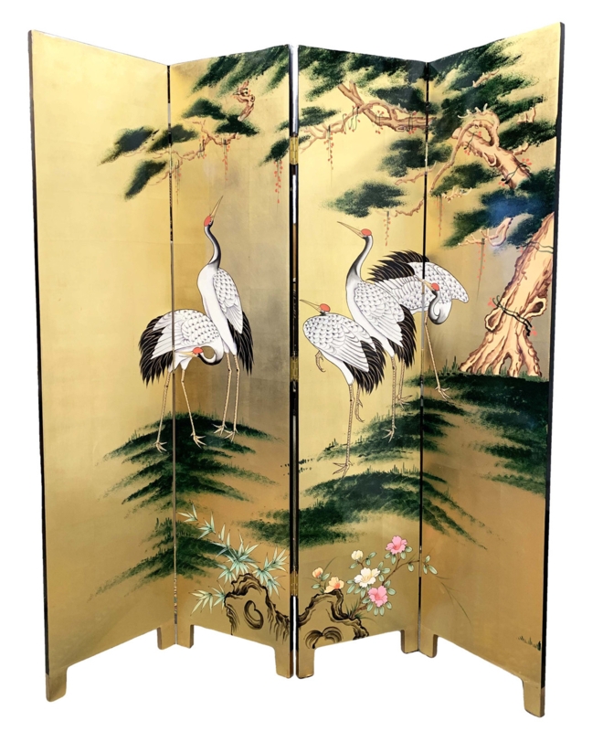 Folding Floor Screen Hand Painted Cranes Gold Leaf Chinoiserie