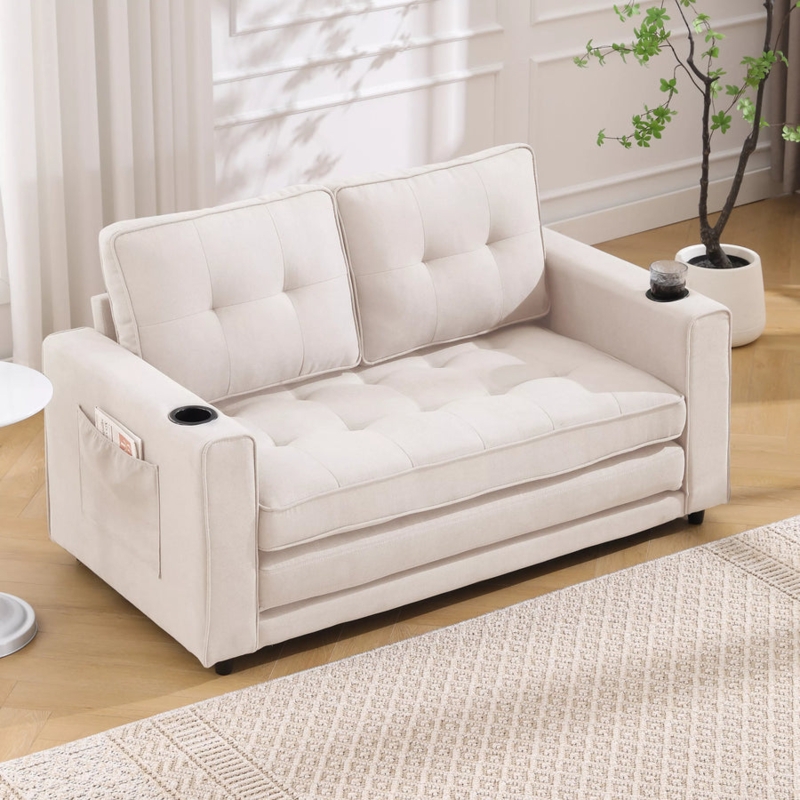 Folding Floor Sofa Bed in Beige Velvet with Cup Holders